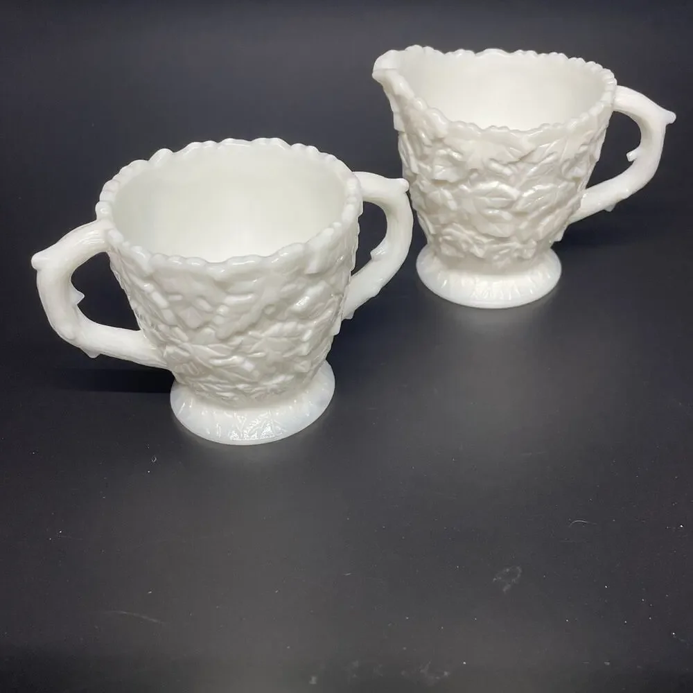 Vtg Westmoreland Milk Glass Sugar & Creamer Set Bramble Maple Leaf Pattern MCM
